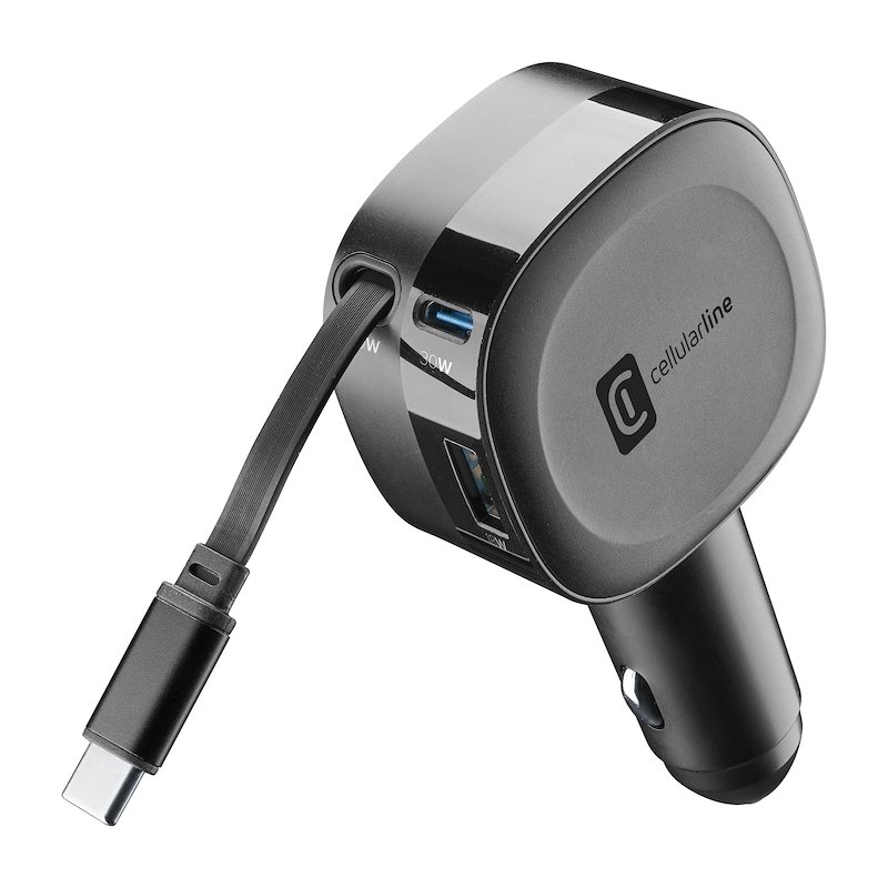 Cellularline Retractable Car Charger Caricabatterie da auto 65W Cbrroll2usb60wk Nero