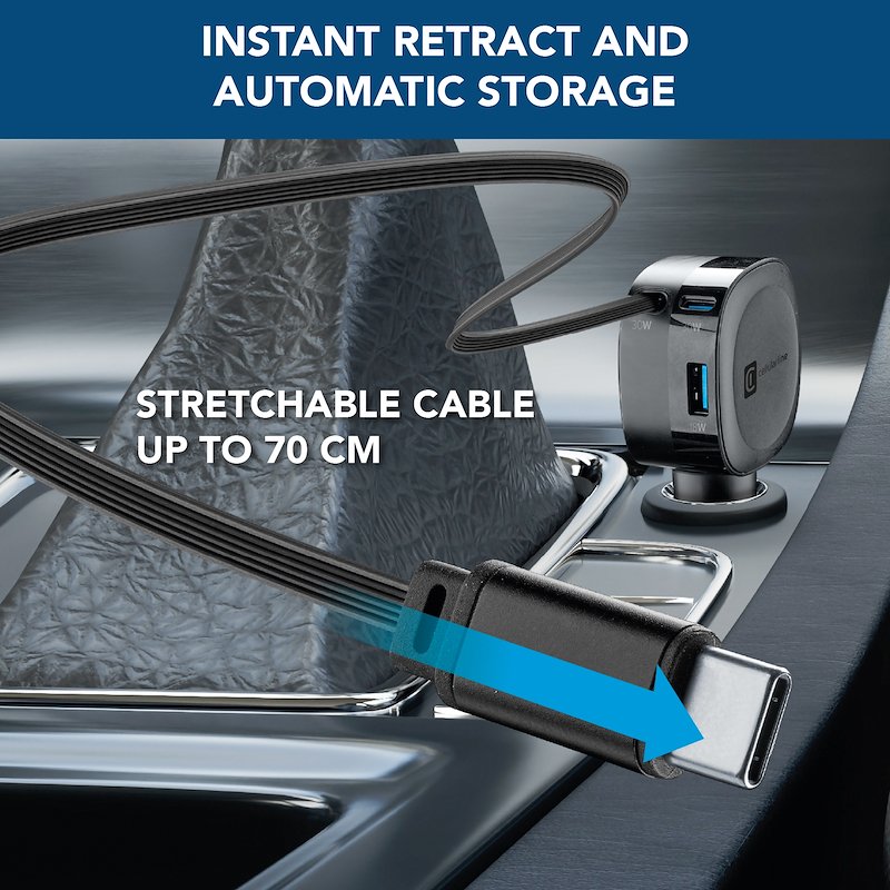 Cellularline Retractable Car Charger Caricabatterie da auto 65W Cbrroll2usb60wk Nero