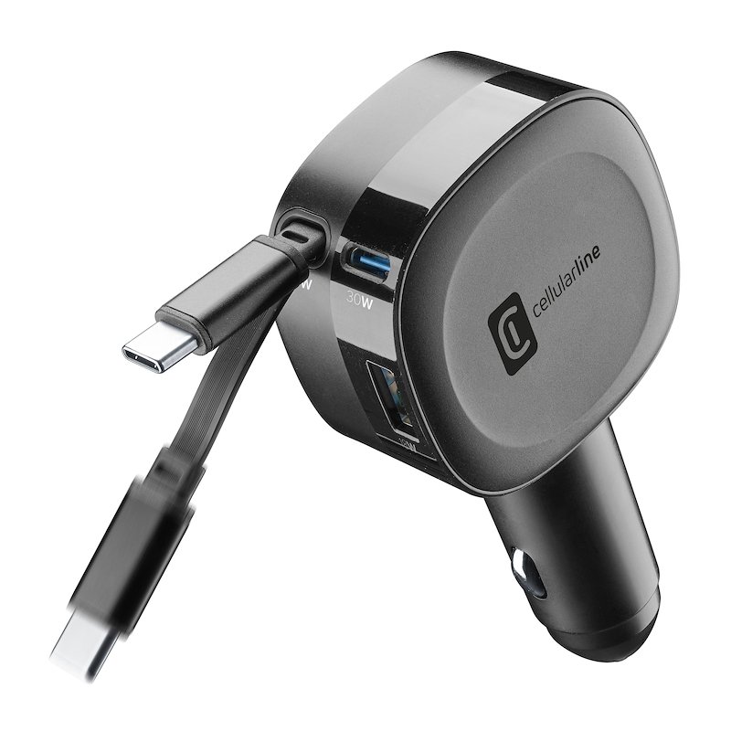 Cellularline Retractable Car Charger Caricabatterie da auto 65W Cbrroll2usb60wk Nero