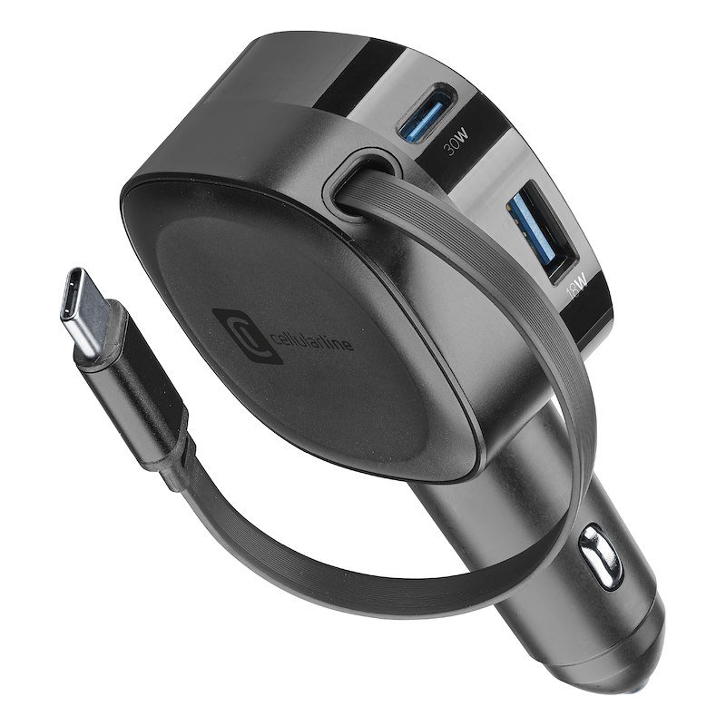 Cellularline Retractable Car Charger Caricabatterie da auto 65W Cbrroll2usb60wk Nero