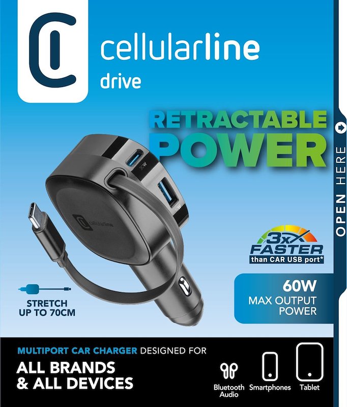 Cellularline Retractable Car Charger Caricabatterie da auto 65W Cbrroll2usb60wk Nero