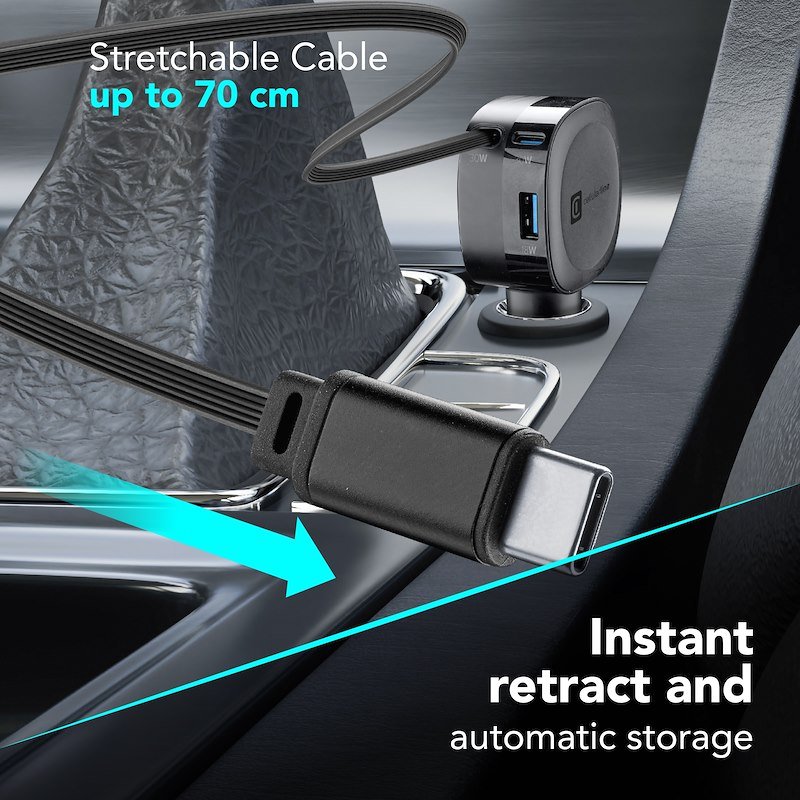 Cellularline Retractable Car Charger Caricabatterie da auto 65W Cbrroll2usb60wk Nero