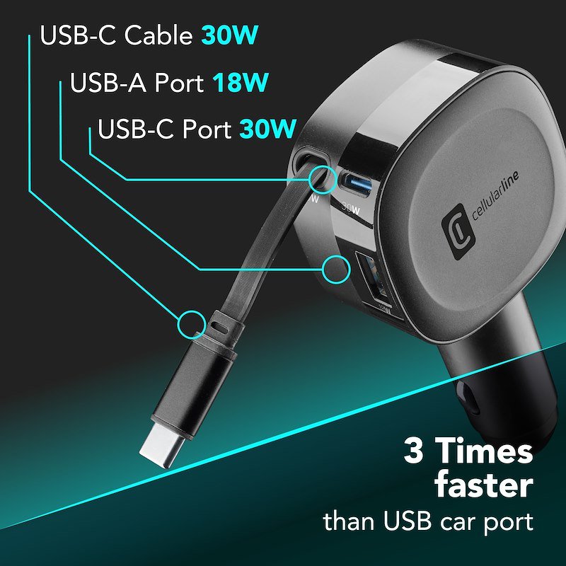 Cellularline Retractable Car Charger Caricabatterie da auto 65W Cbrroll2usb60wk Nero