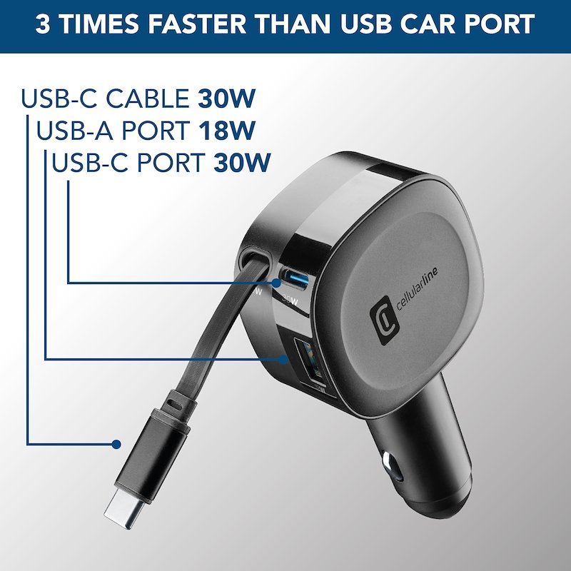 Cellularline Retractable Car Charger Caricabatterie da auto 65W Cbrroll2usb60wk Nero