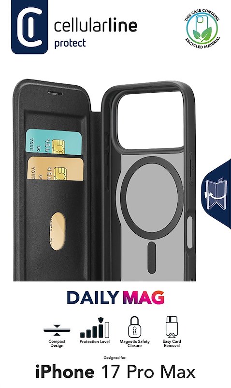 Cellularline Custodia a libro iPhone 17 Pro Max Daily Magsafe Nero