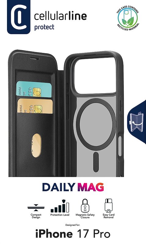 Cellularline Custodia a libro iPhone 17 Pro Daily Magsafe Nero