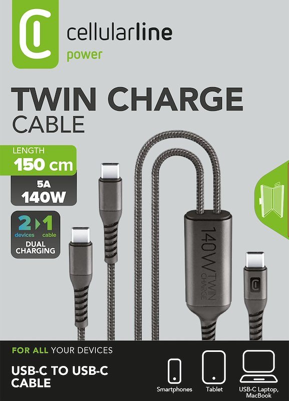 Cellularline Cavo di ricarica doppio da USB-C a USB-C