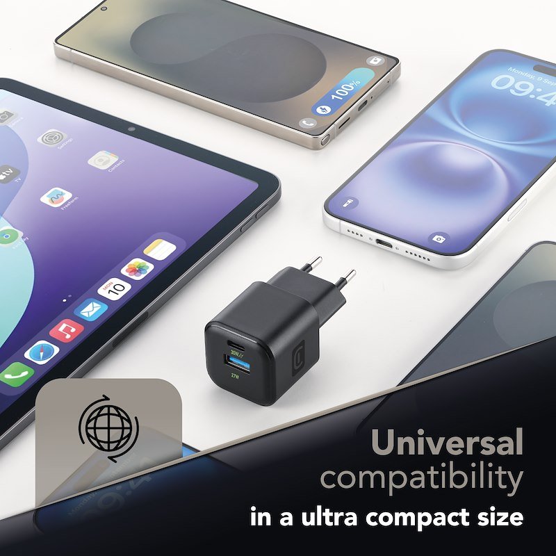 Cellularline Caricabatterie 2 porte USB-C e USB-A MULTIPOWER GAN 30W  Achganentry2pd30wk