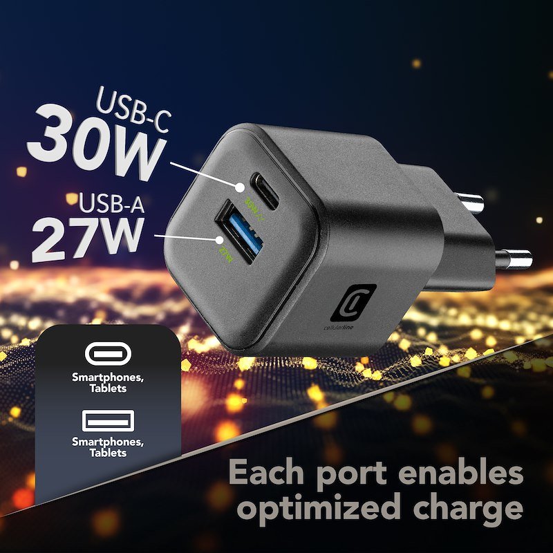 Cellularline Caricabatterie 2 porte USB-C e USB-A MULTIPOWER GAN 30W  Achganentry2pd30wk