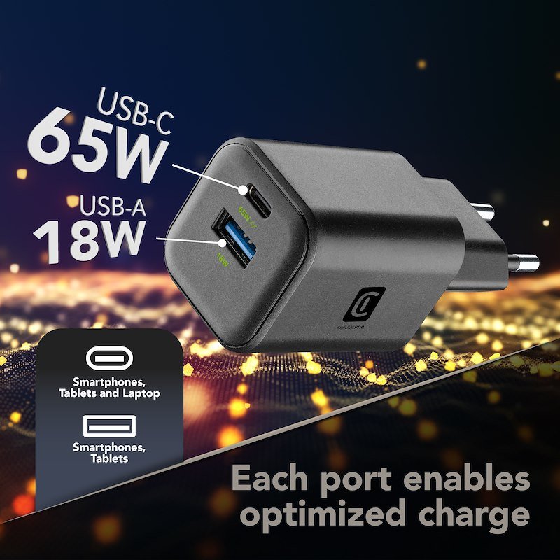 Cellularline Caricabatterie 2 porte USB-C e USB-A  Achganentry2pd65wk