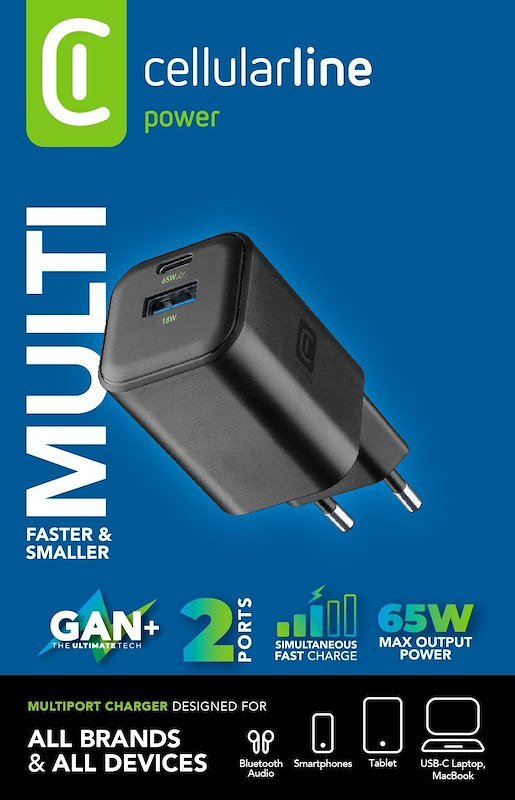 Cellularline Caricabatterie 2 porte USB-C e USB-A  Achganentry2pd65wk