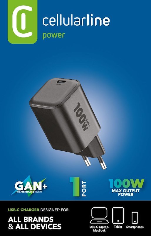 Cellularline Caricabatterie ACH USB-C GAN+ 100W Nero