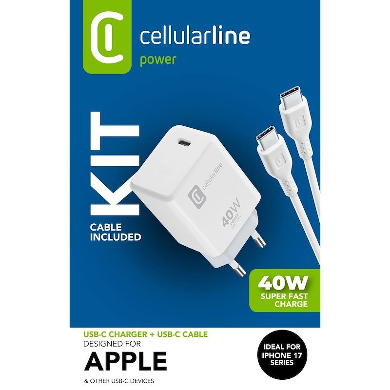 Cellularline Kit caricabatterie USB-C 40W PD e cavo USB-C da 100 cm