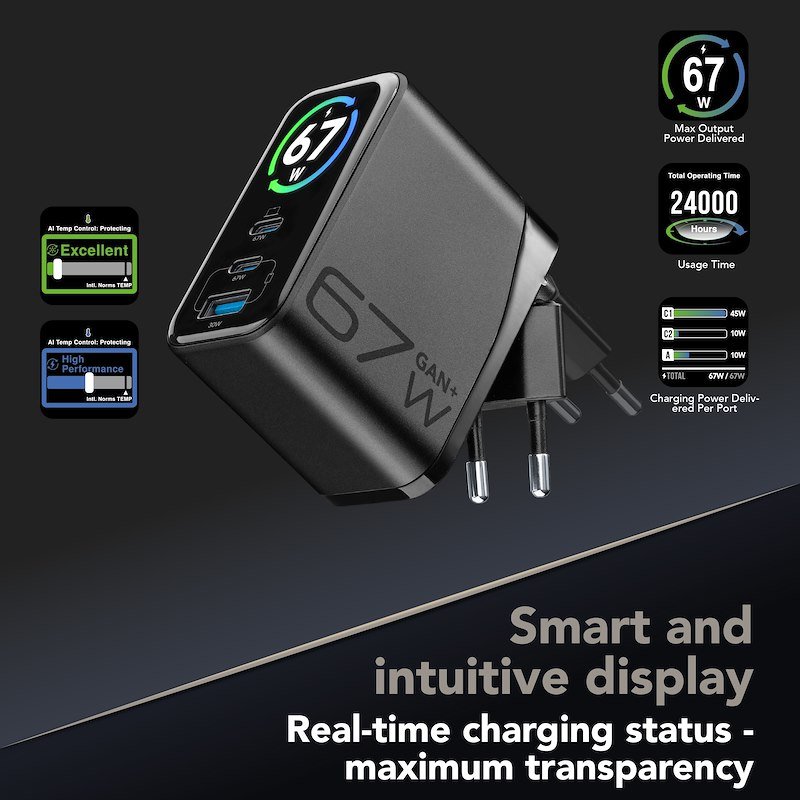 Cellularline caricabatterie da rete PowerView IQ ACH 67W Achtft3usbgan67wk