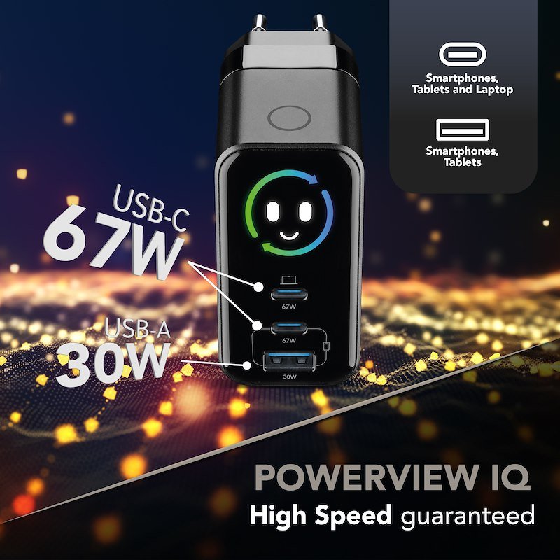 Cellularline caricabatterie da rete PowerView IQ ACH 67W Achtft3usbgan67wk