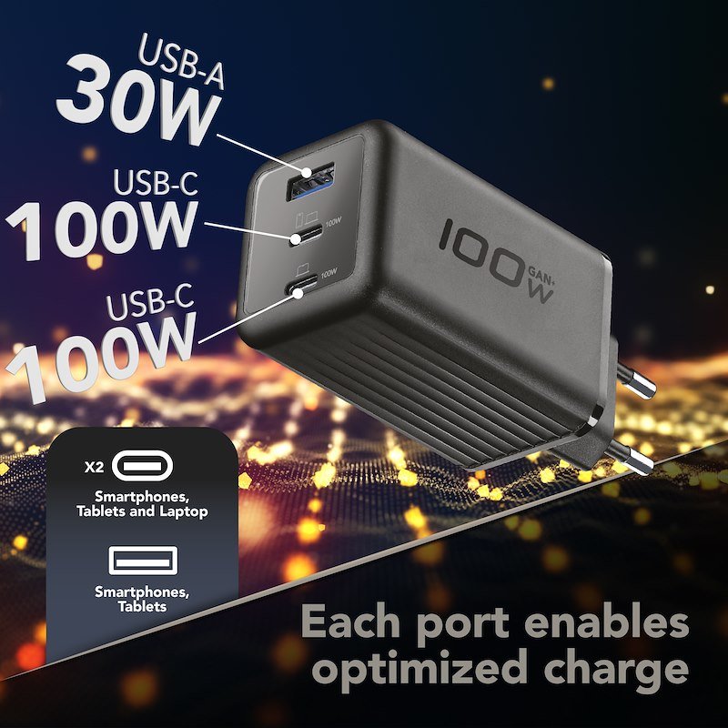 Cellularline Caricabatterie 100W 3 porte Nero