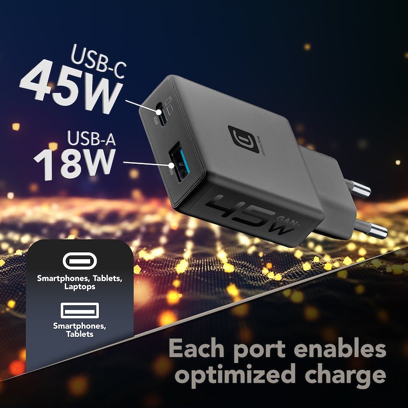 Cellularline Caricatore Dual USB A +C 45W Nero