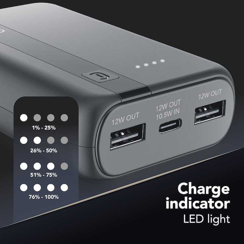 Cellularline Power Bank Tripla Porta USB-C/USB-A Essential 10.000 mAh Grigio