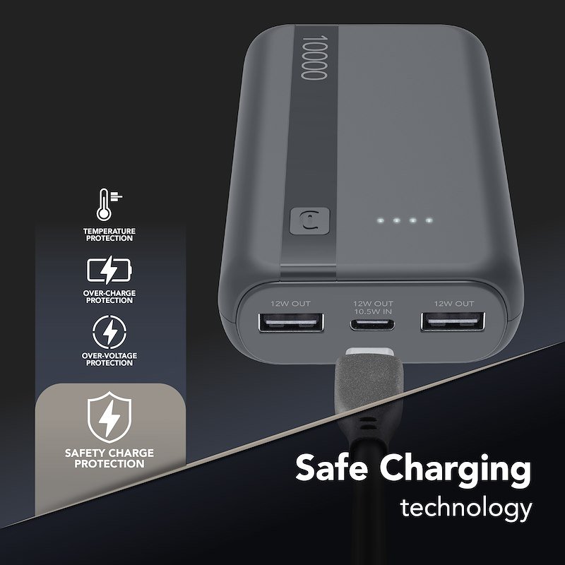 Cellularline Power Bank Tripla Porta USB-C/USB-A Essential 10.000 mAh Grigio