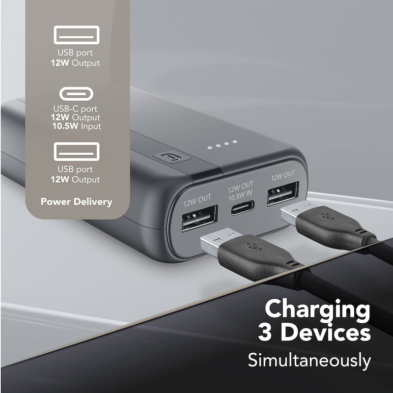 Cellularline Power Bank Tripla Porta USB-C/USB-A Essential 10.000 mAh Grigio