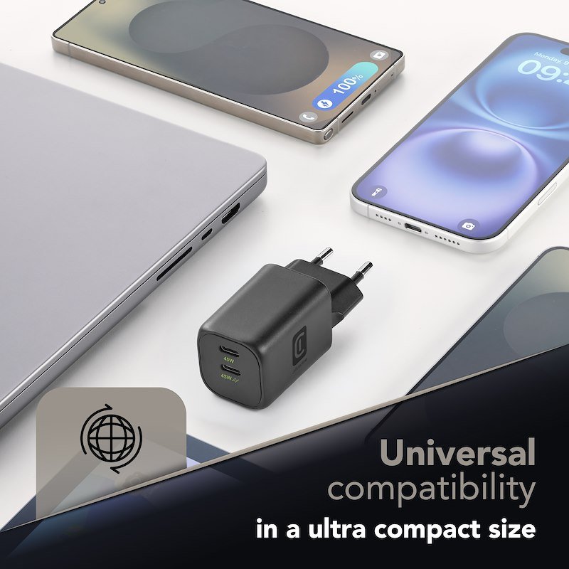 Cellularline Alimentatore GAN+ doppia porta USB-C 45W  Nero
