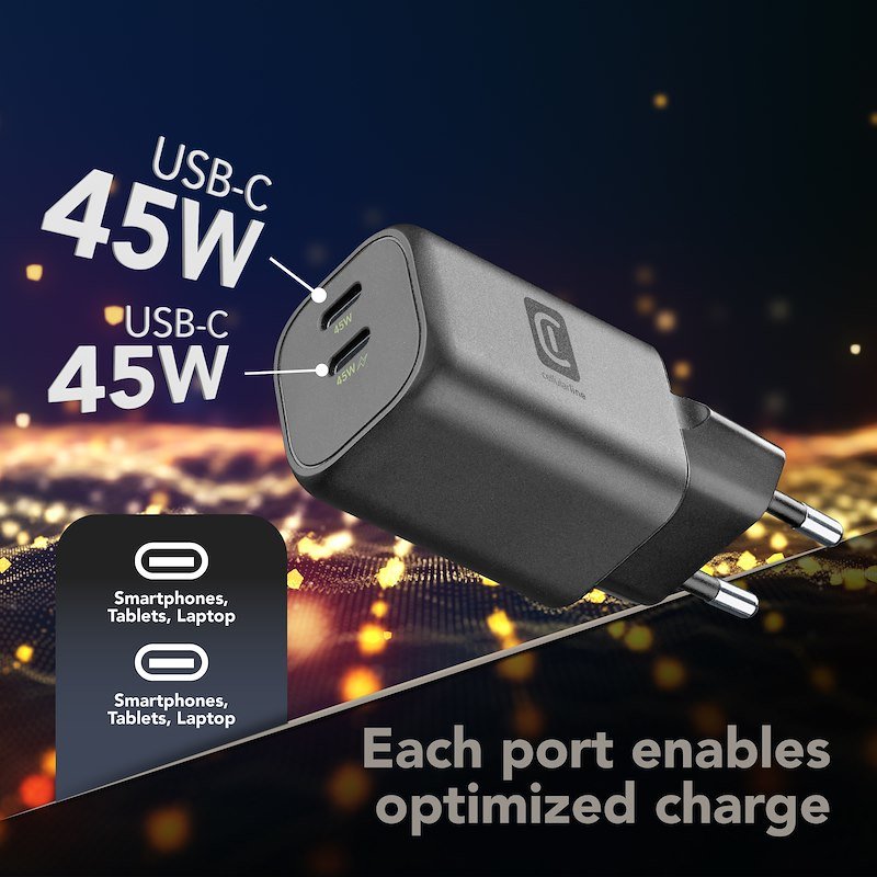 Cellularline Alimentatore GAN+ doppia porta USB-C 45W  Nero