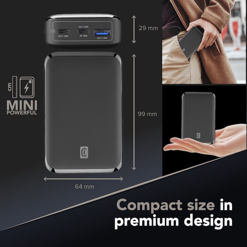 Cellularline Power Bank 3 porte USB-C/USB-A 20W Essence Promo 10.000 Nero