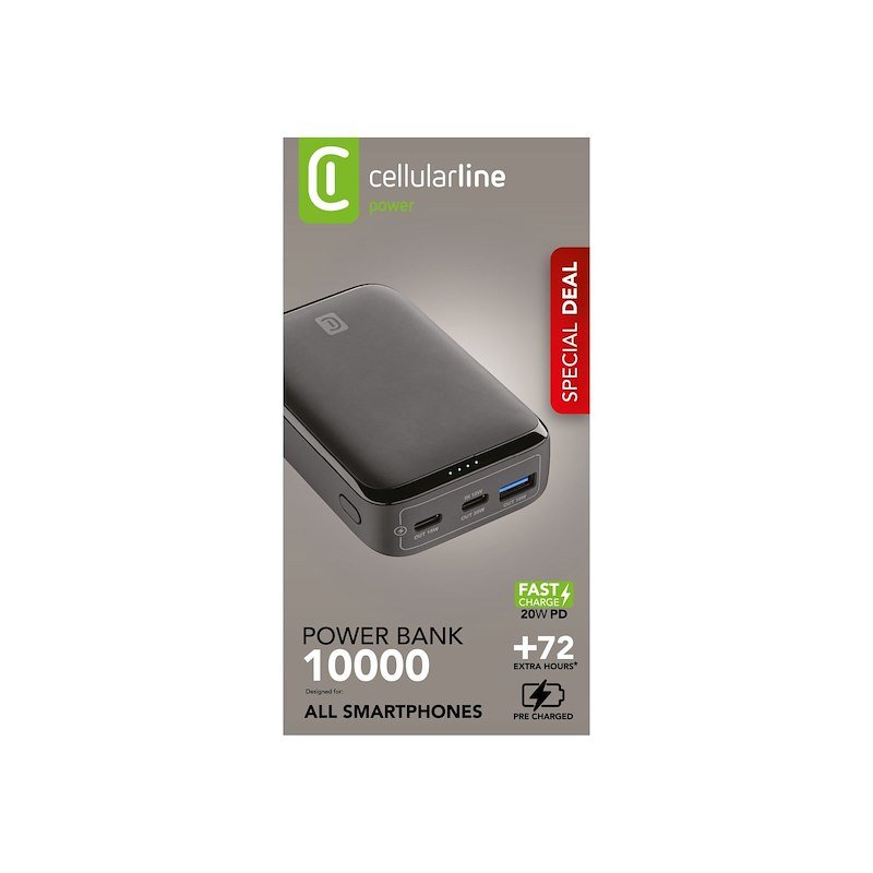 Cellularline Power Bank 3 porte USB-C/USB-A 20W Essence Promo 10.000 Nero