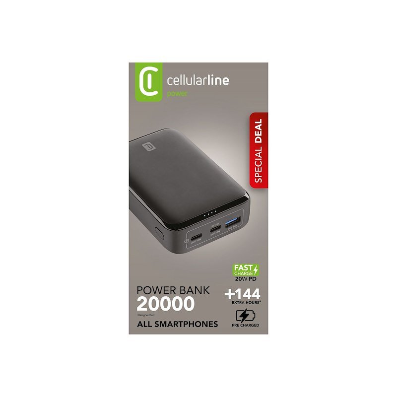 Cellularline PowerBank 3 porte USB-C/USB-A 20W Essence Promo 20.000 Nero
