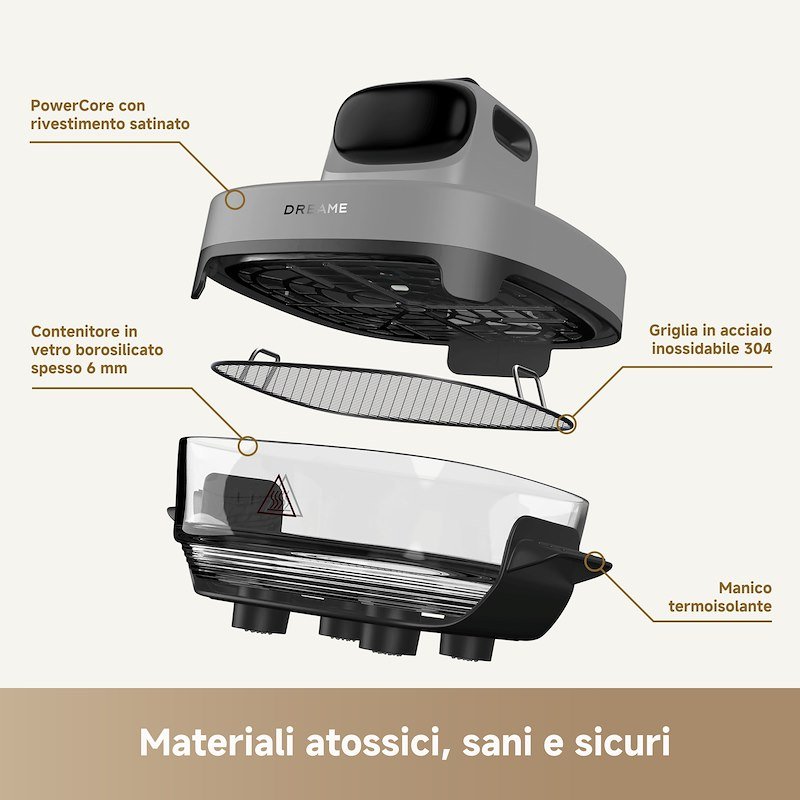Dreame Friggitrice ad Aria Tasti in vetro 5 in 1 Drefryertp60-gy Grigio