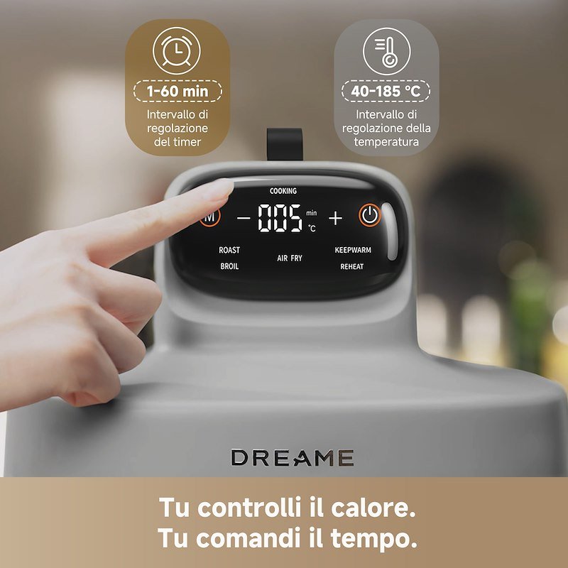Dreame Friggitrice ad Aria Tasti in vetro 5 in 1 Drefryertp60-gy Grigio