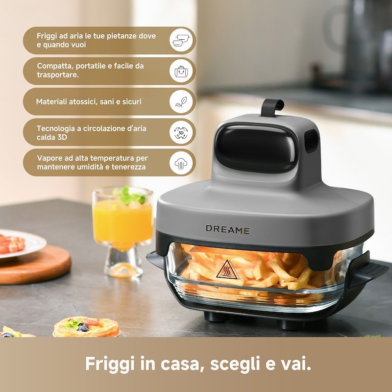 Dreame Friggitrice ad Aria Tasti in vetro 5 in 1 Drefryertp60-gy Grigio