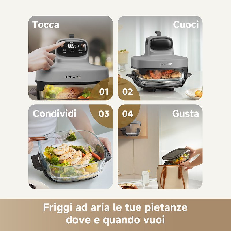 Dreame Friggitrice ad Aria Tasti in vetro 5 in 1 Drefryertp60-gy Grigio