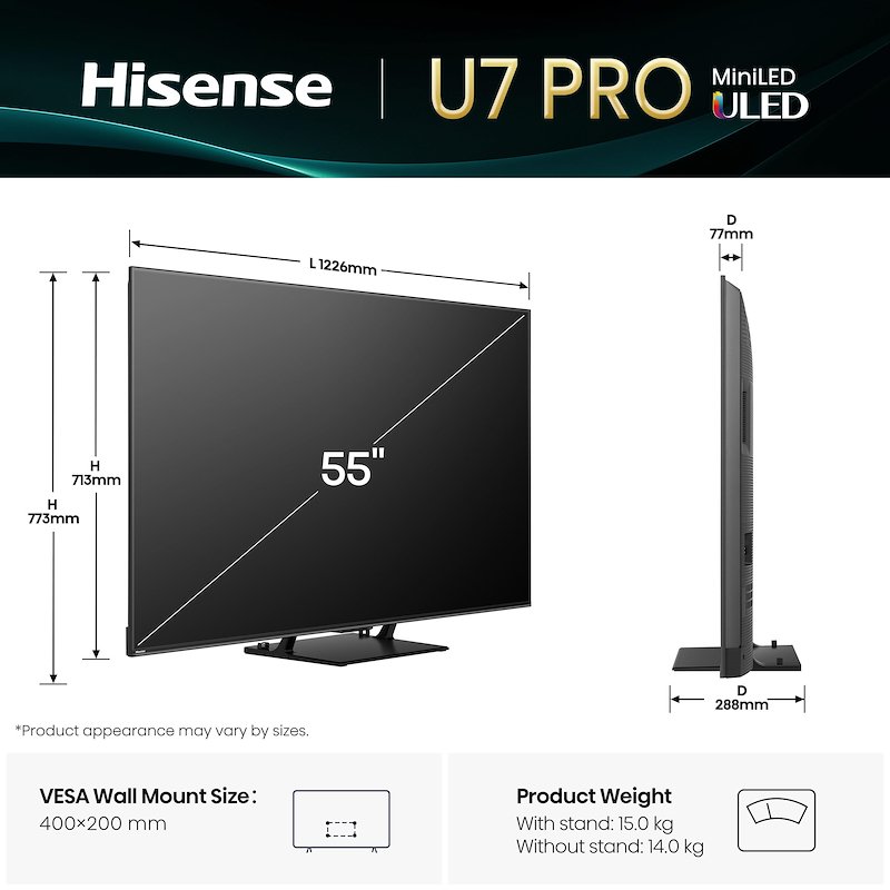 Hisense TV MINI LED 55" 55u7q Pro nero
