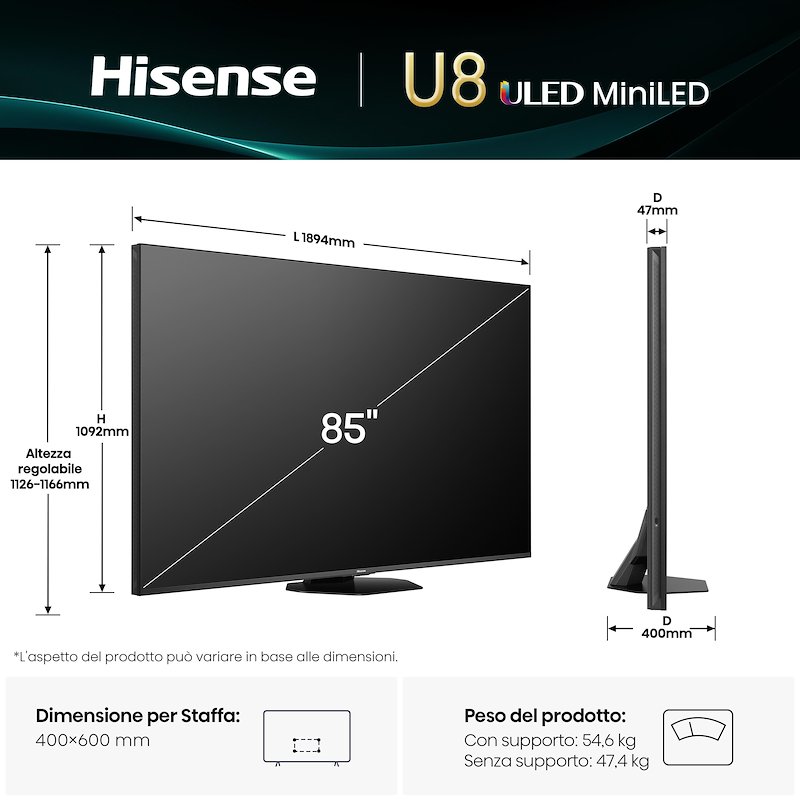 Hisense TV MINI LED 85" 85u8q Metallo - Grigio Carbone