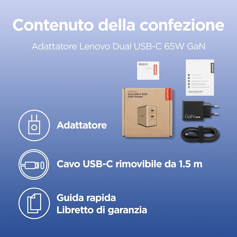 Lenovo Caricabatterie Dual USB-C 65W GaNG0a6065beu