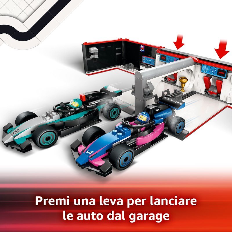 Lego City Garage con monoposto Mercedes-AMG e Alpine F1 60444