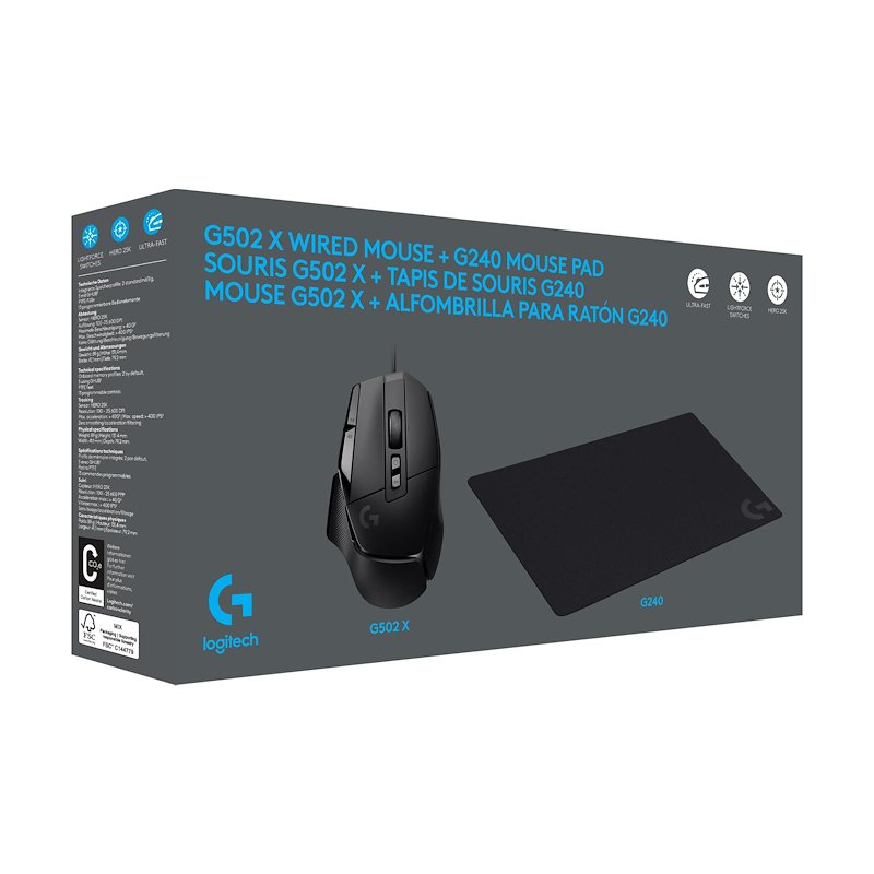 Logitech mouse gaming G G502 X + G240 nero