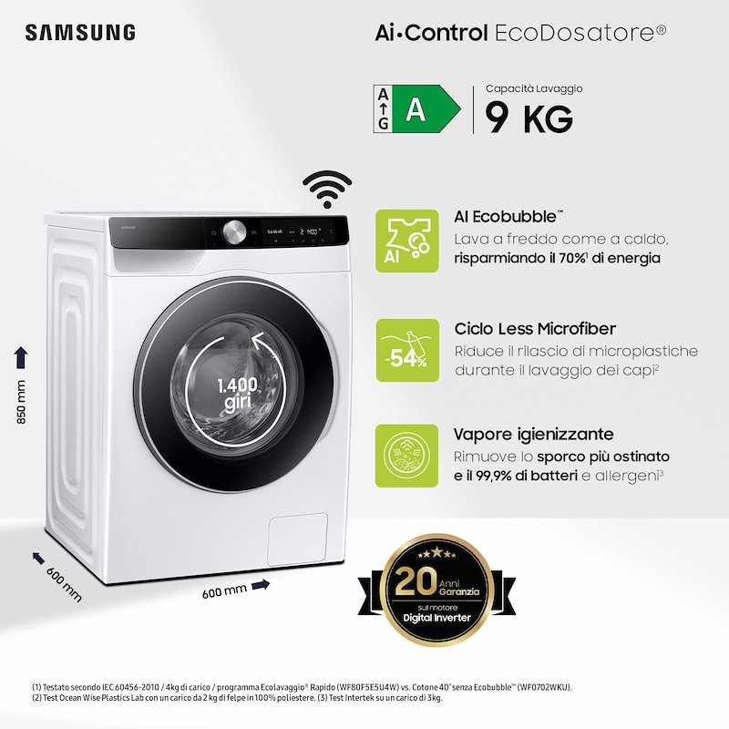 Samsung Lavatrice 9 kg Serie 6400D Ai WW90DG6U85LKU3 Bianco