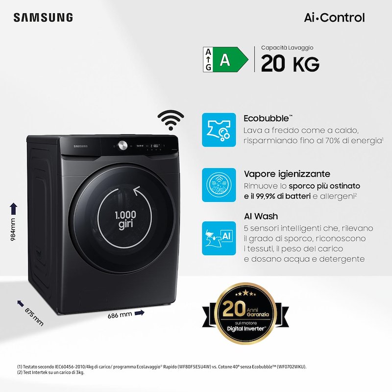 Samsung Lavatrice 20 Kg Wf20dg8650bvu3 Nero
