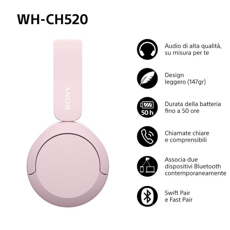 Sony Cuffie a padiglione chiuso Whch520p.ce7 Rosa