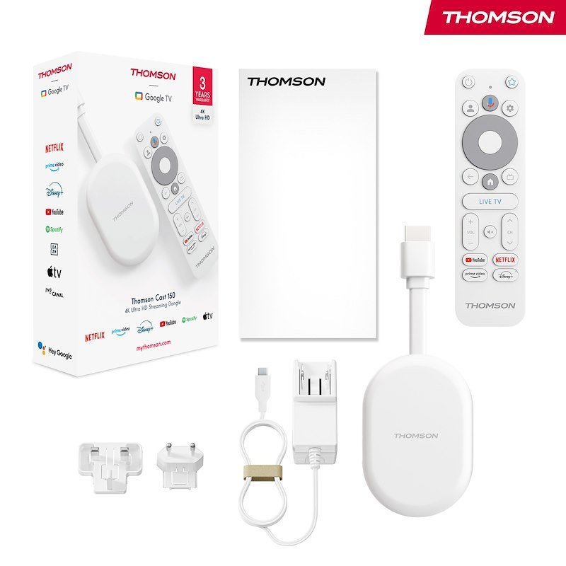 Thomson Go Cast 150, Google Tv, 4K Uhd, Dongle Per Lo Streaming, Controllo Vocale, Google Cast, Dolby Atmos, Dolby Digital Plus, Wi-Fi, Alimentatore Multispina, 2 Gb Ram, 8 Gb Memoria - 3