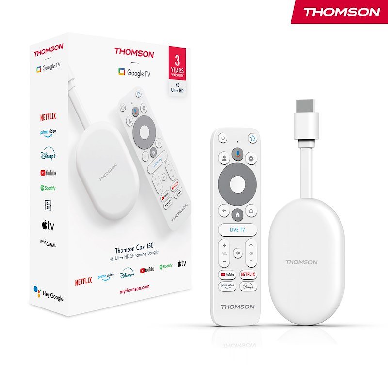 Thomson Go Cast 150, Google Tv, 4K Uhd, Dongle Per Lo Streaming, Controllo Vocale, Google Cast, Dolby Atmos, Dolby Digital Plus, Wi-Fi, Alimentatore Multispina, 2 Gb Ram, 8 Gb Memoria - 2