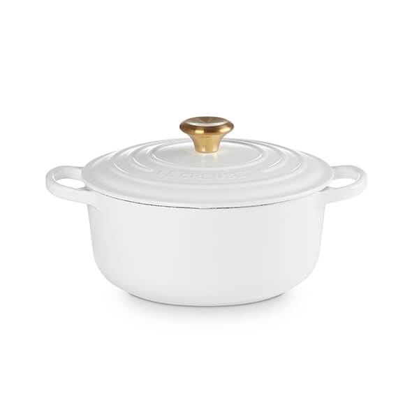 Le Creuset Cocotte rotonda Evolution in ghisa vetrificata 24CM Bianco con pomolo oro