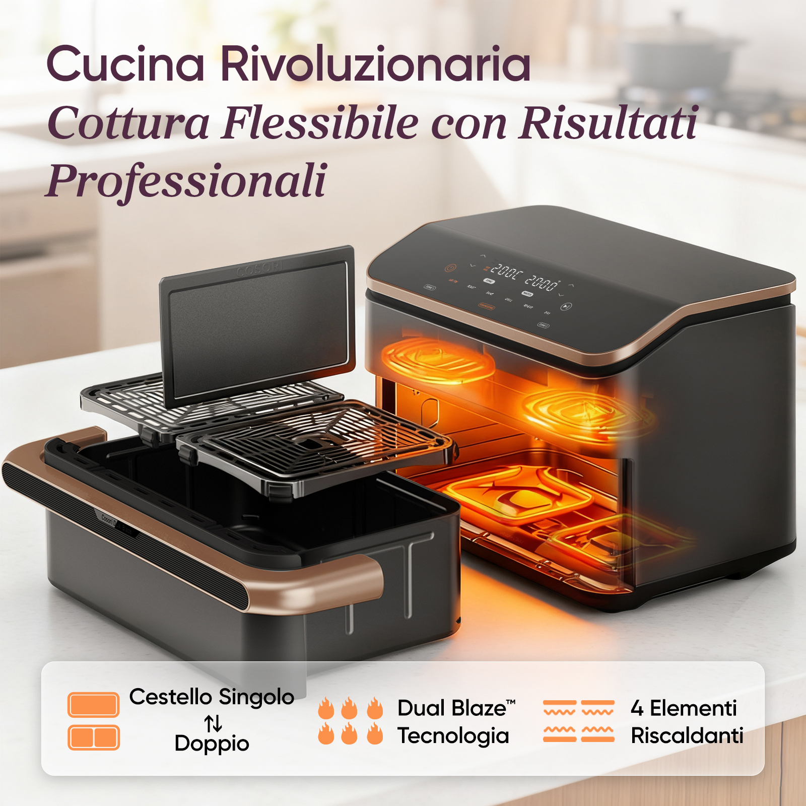Cosori Friggitrice ad Aria Dual Blaze Twinfry™ Chef Edition 10L Grigio Rose Gold