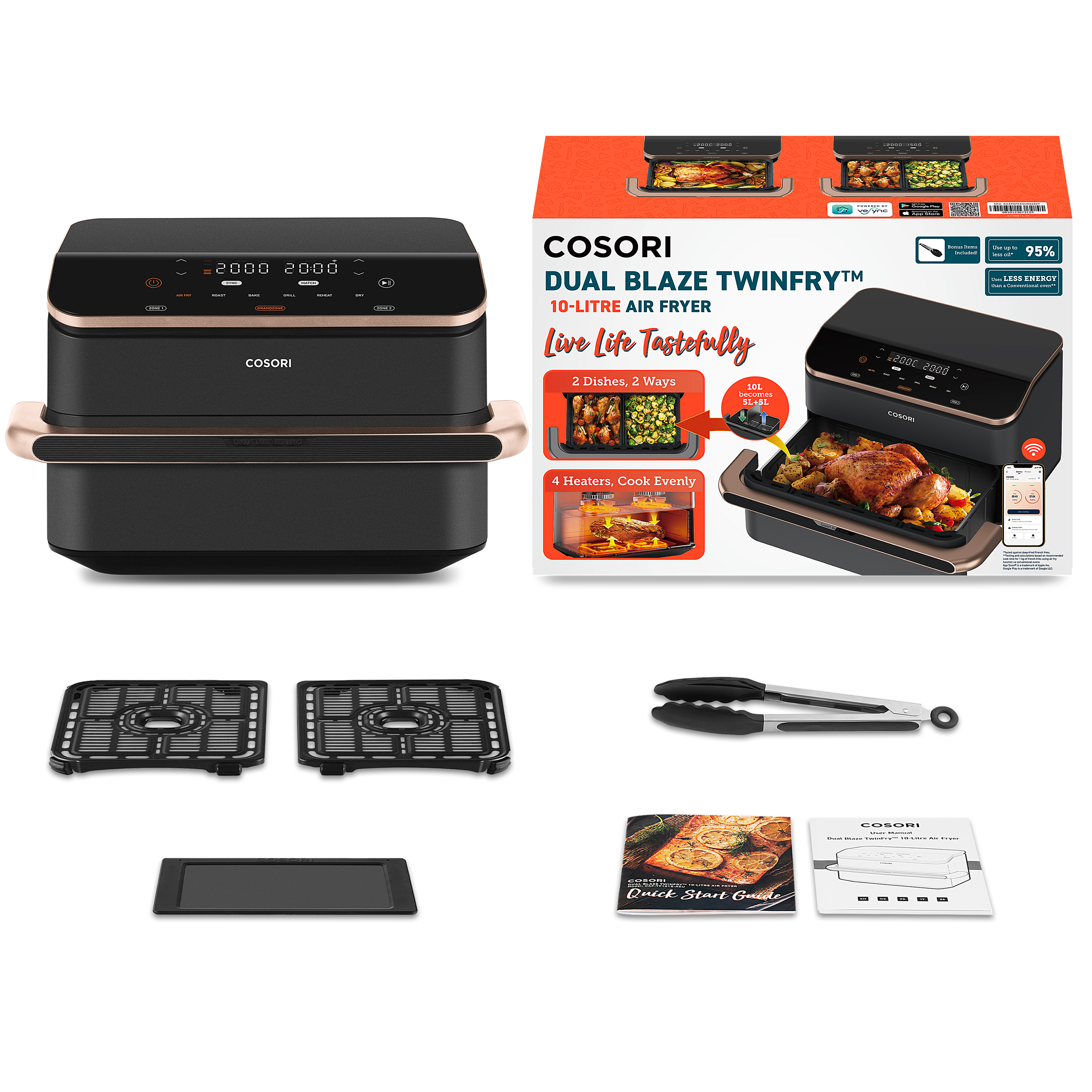 Cosori Friggitrice ad Aria Dual Blaze Twinfry™ Chef Edition 10L Grigio Rose Gold
