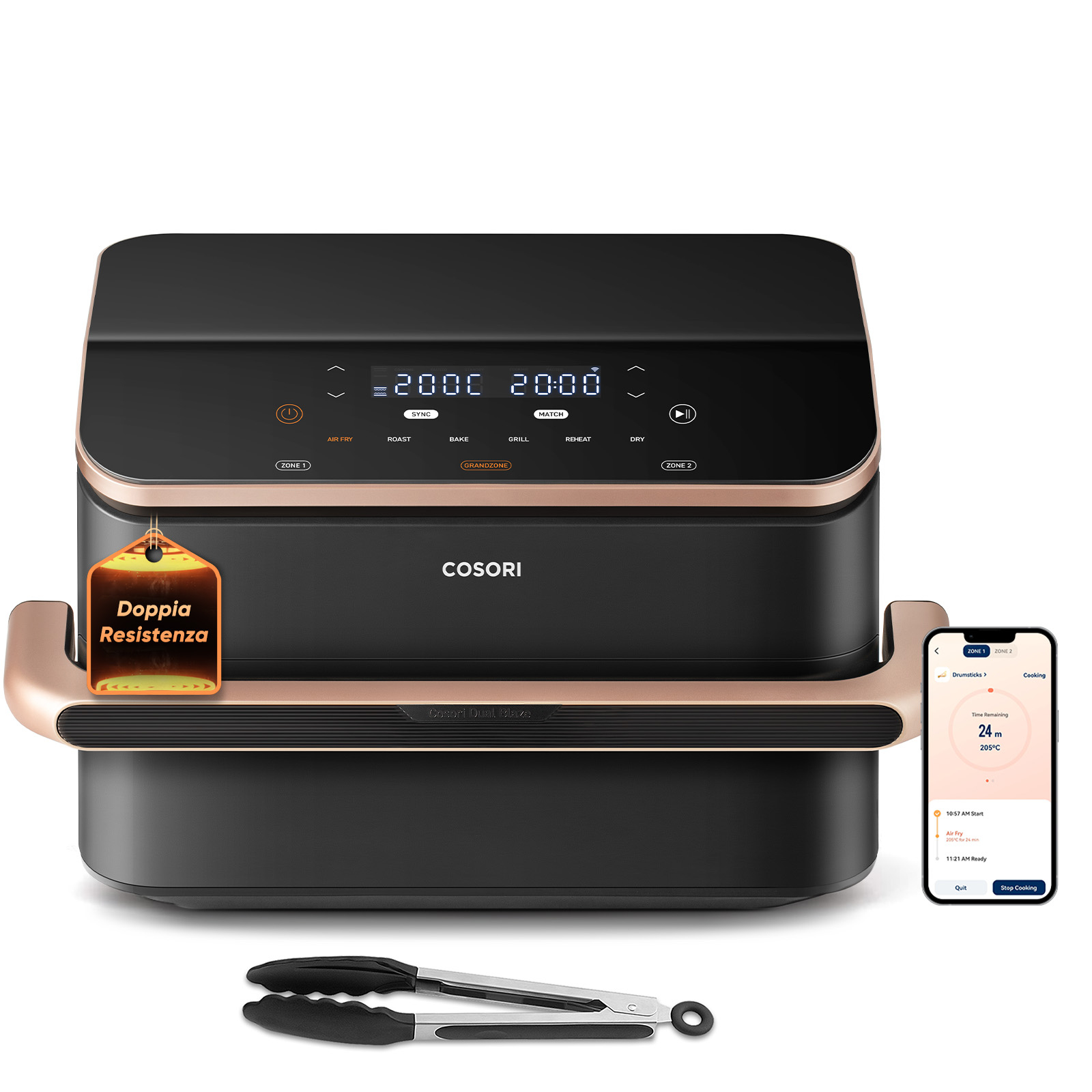 Cosori Friggitrice ad Aria Dual Blaze Twinfry™ Chef Edition 10L Grigio Rose Gold