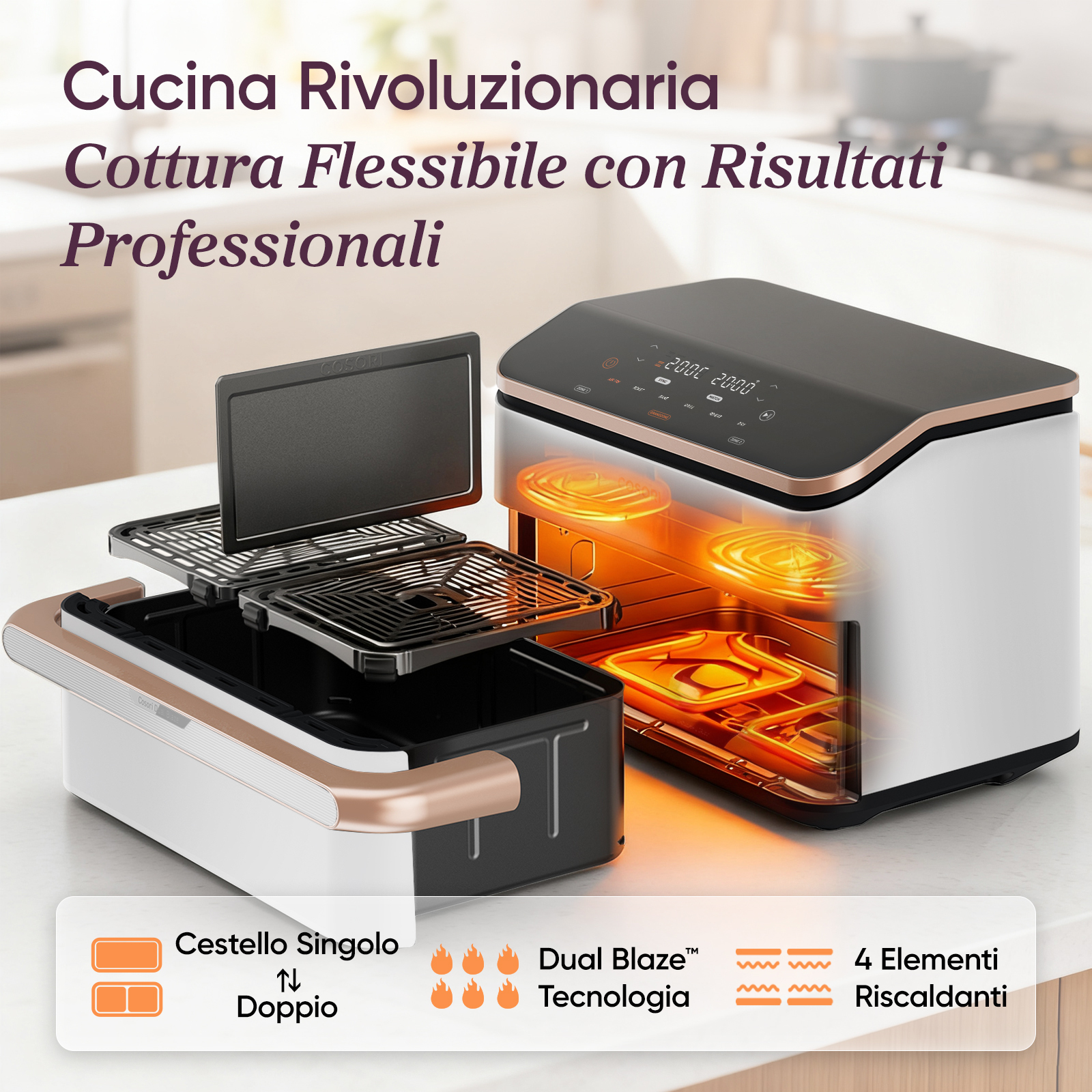 Cosori Friggitrice ad Aria Dual Blaze Twinfry™ Chef Edition 10L Bianco Rose Gold