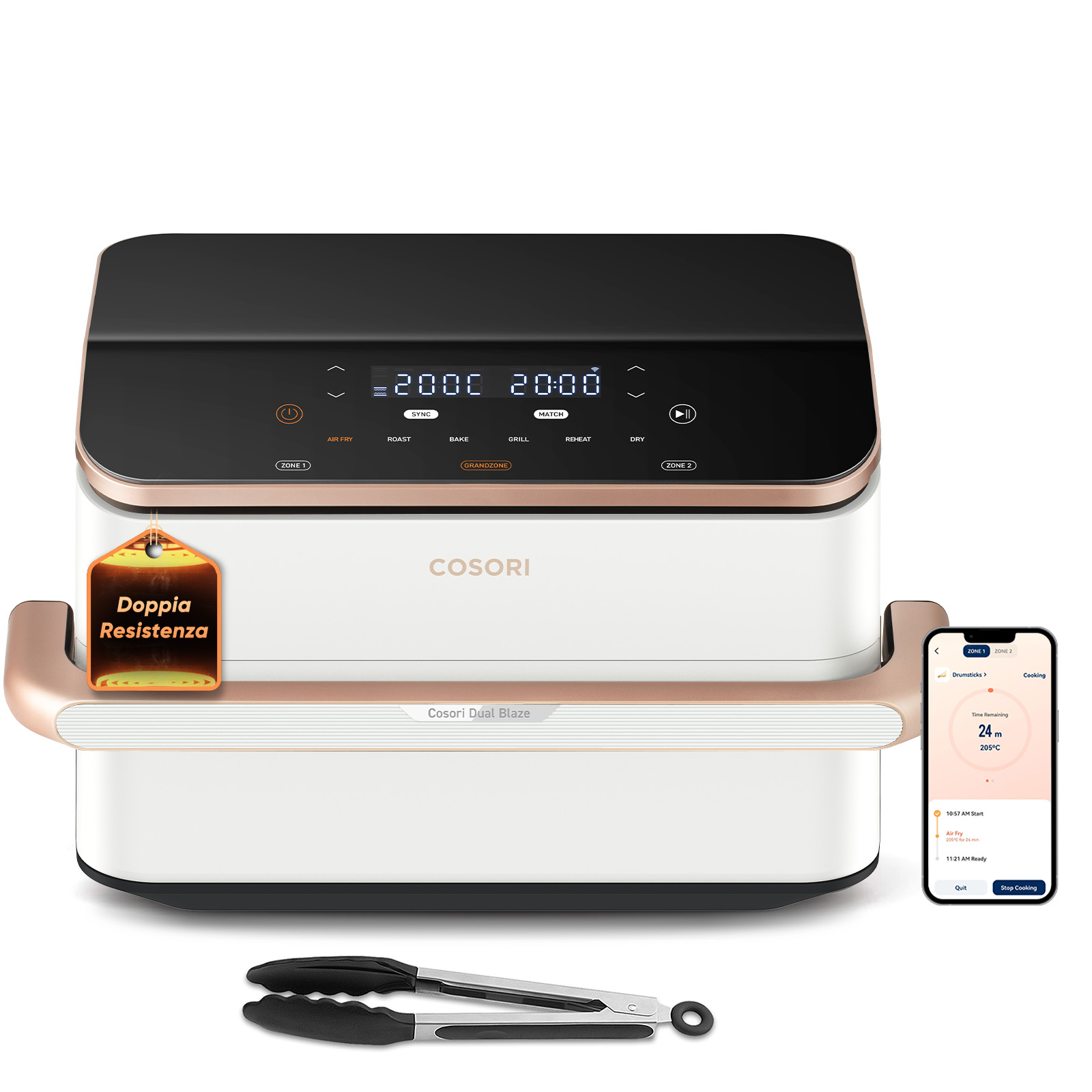 Cosori Friggitrice ad Aria Dual Blaze Twinfry™ Chef Edition 10L Bianco Rose Gold