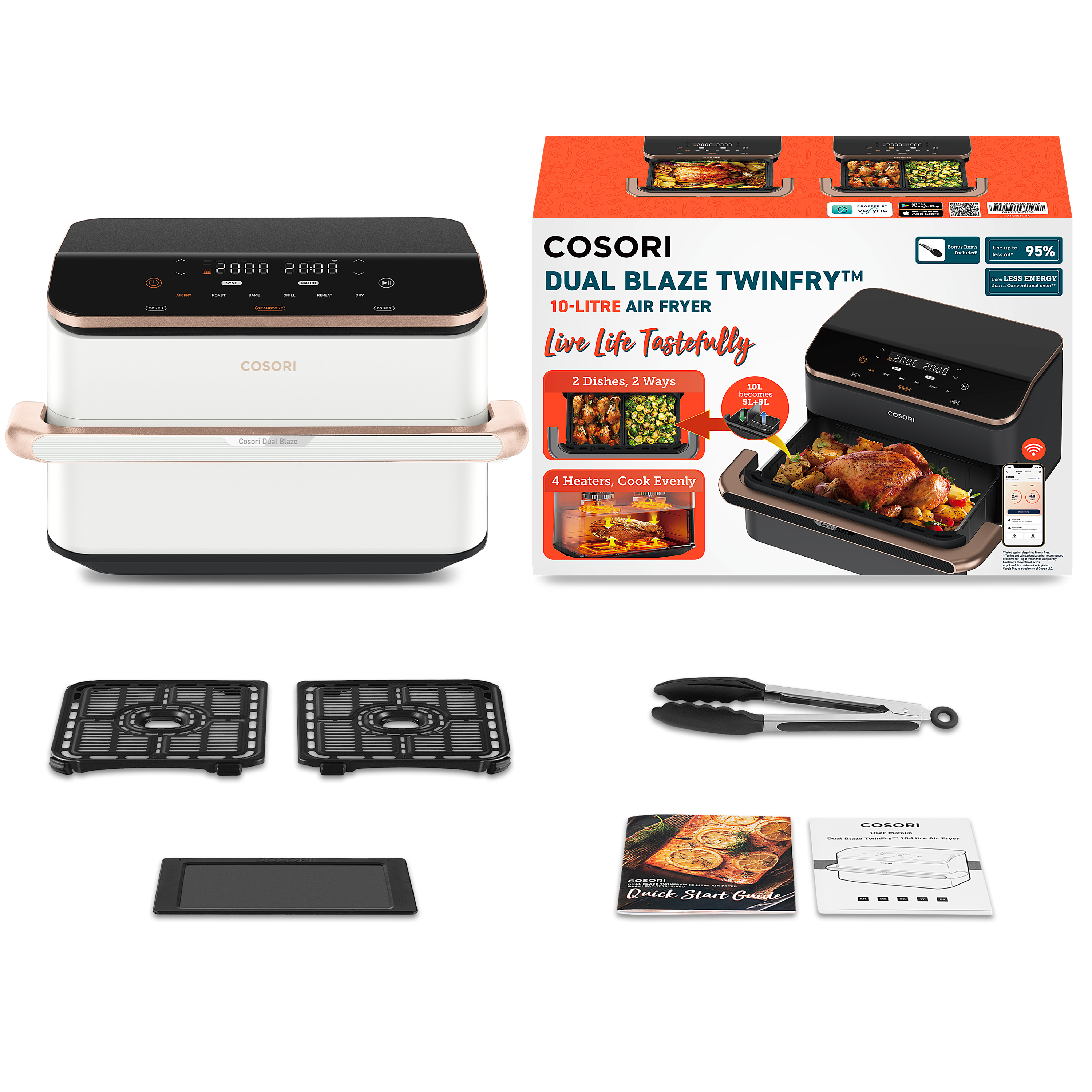 Cosori Friggitrice ad Aria Dual Blaze Twinfry™ Chef Edition 10L Bianco Rose Gold